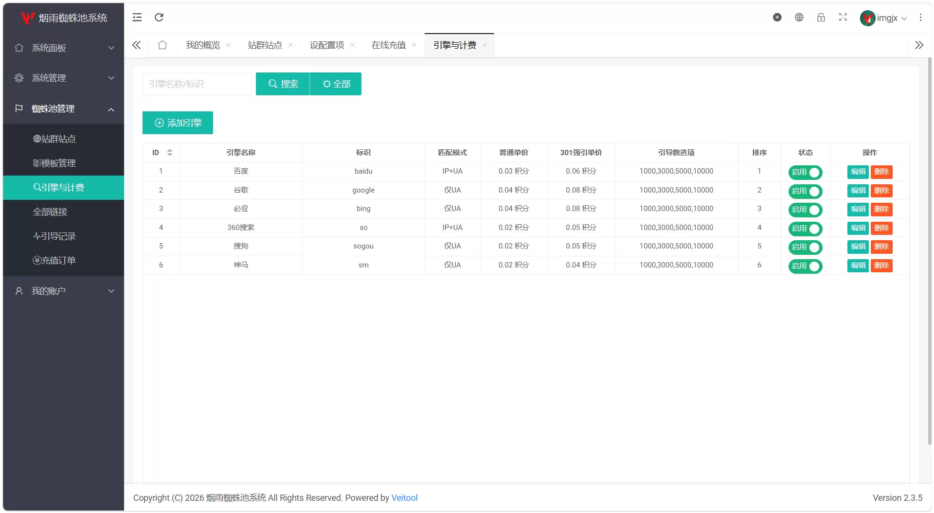 最新多用户站群蜘蛛池/SaaS系统/积分/六大引擎计费/易支付对接 第3张 最新多用户站群蜘蛛池/SaaS系统/积分/六大引擎计费/易支付对接 第3张
